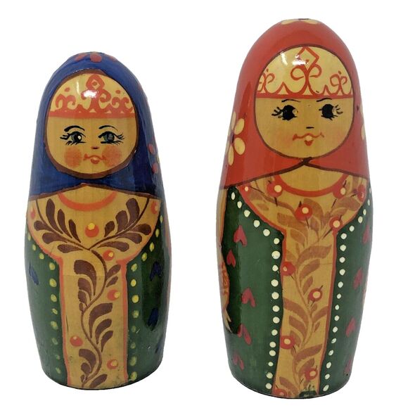 Matryoshka Russian Chime Doll Vintage Hand Painted Roly Poly Folk Art Set of 2 - Picture 2 of 16